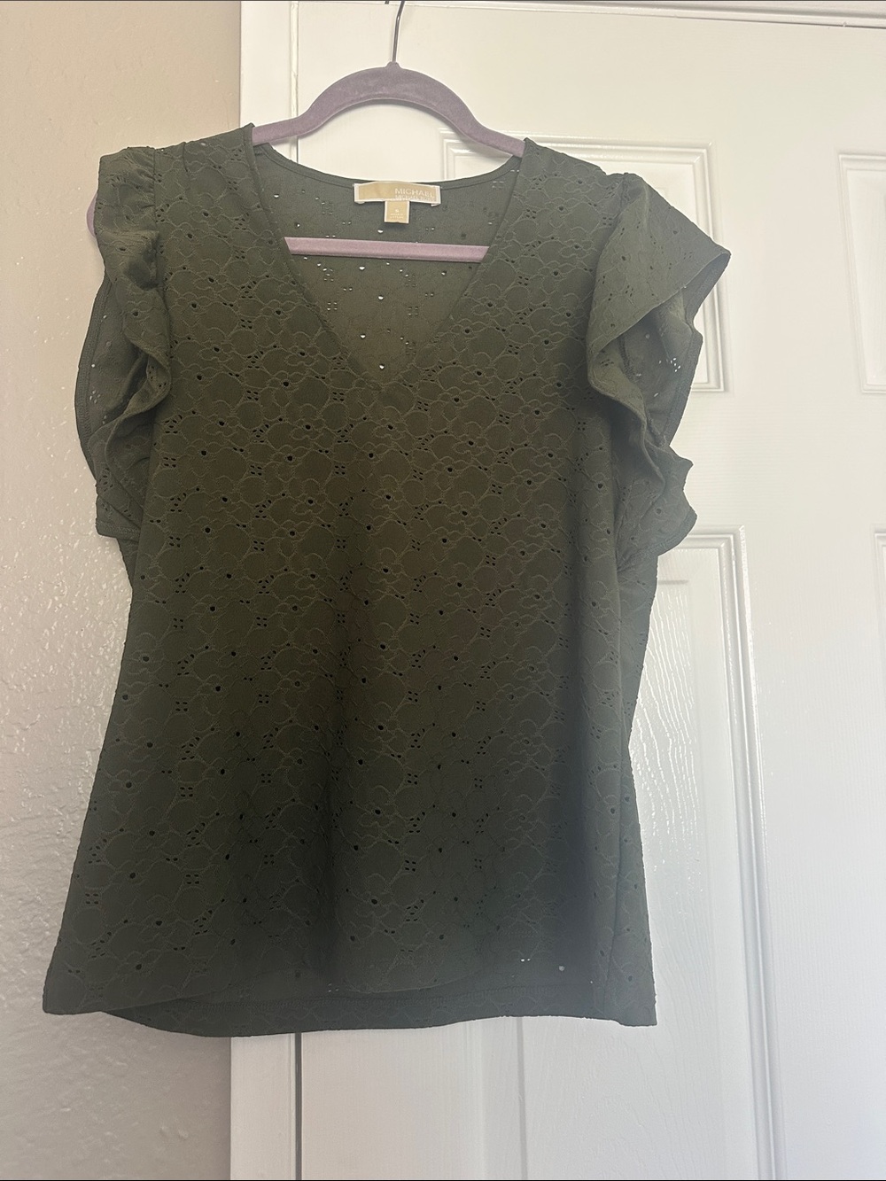 MICHAEL Michael Kors Olive Green Eyelet V-Neck Flutter Sleeve Top